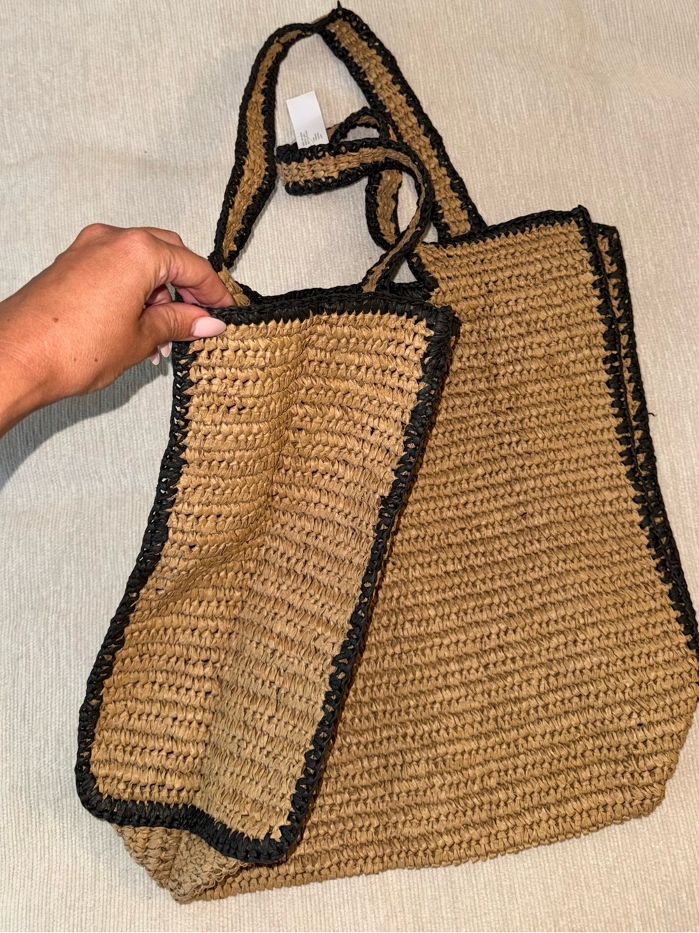 NWT Raffia Beach Bag Sack Beige Tan Neutral Natural Black Large - Picture 4 of 5